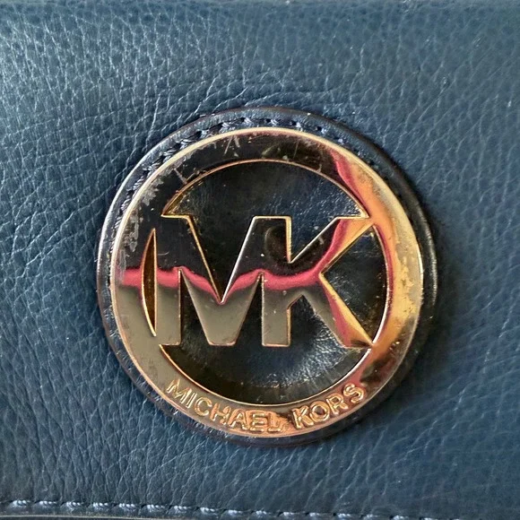 Michael Kors Fulton Navy Blue Leather Flap Continental Wallet Gold MK Logo - Picture 2 of 11